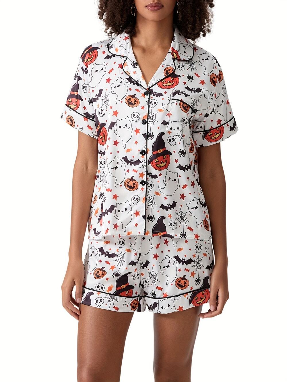 Halloween Ghost Pumpkin Satin Pajama Set Womens M White 2pc